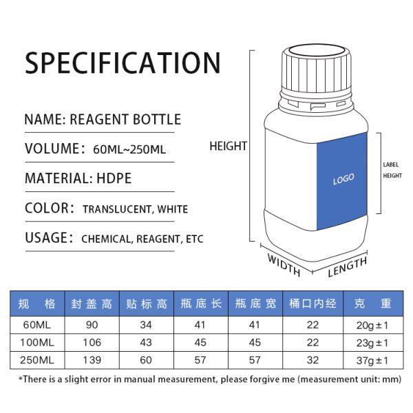 HDPE Translucent Plastic Chemical Reagent Bottle Laboratory Plastic Containers 1L