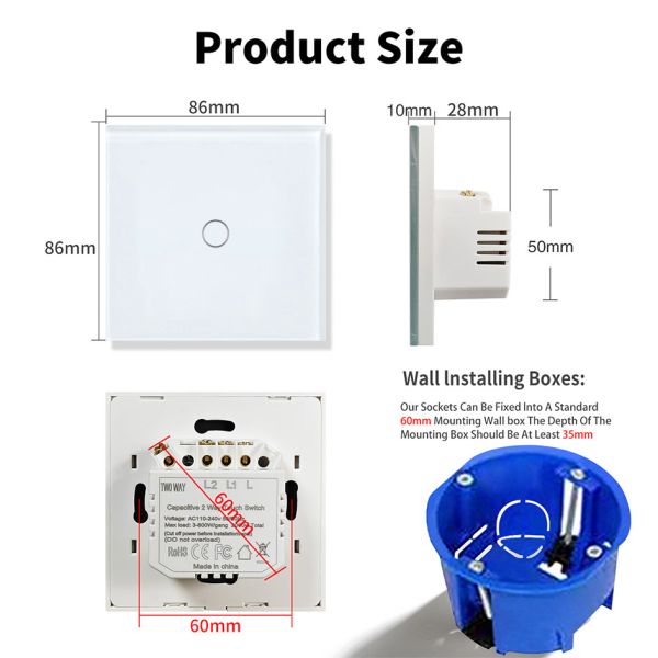 Manual Touch On Off Dual Light Switch Single Fire Wire Control Stair Cross Switch 50-60Hz 10A 1Gang 2way