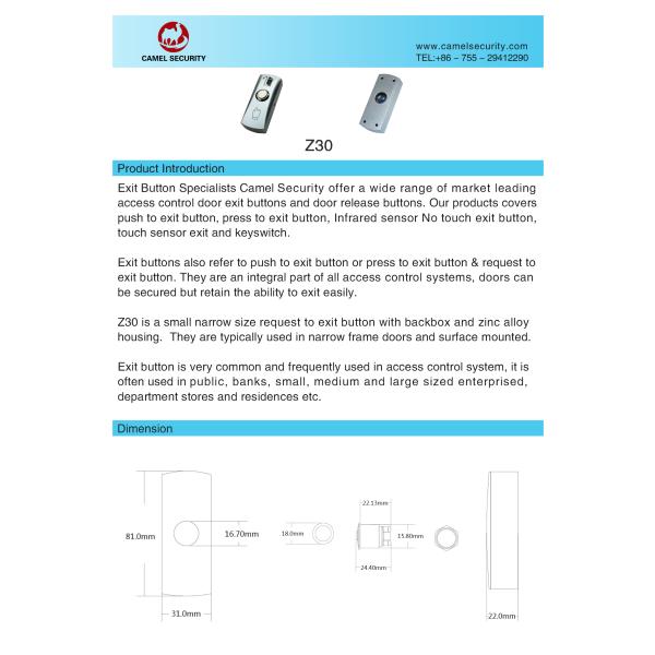 Zinc Alloy Housing Request To Exit Button , Lightweight 12VDC Press To Exit Button