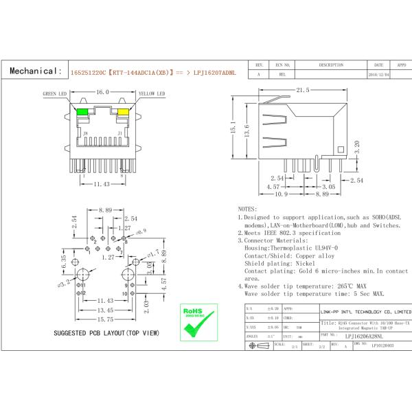 165251220C Magnetic RJ45 Jack RT7-144ADC1A XB 10 / 100M Protocol Converter