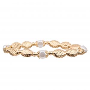 China Custom Gold Texture Oval Beads With Natural Fresh Water Pearl  Stretchy Handmade Beads Bracelets on sale