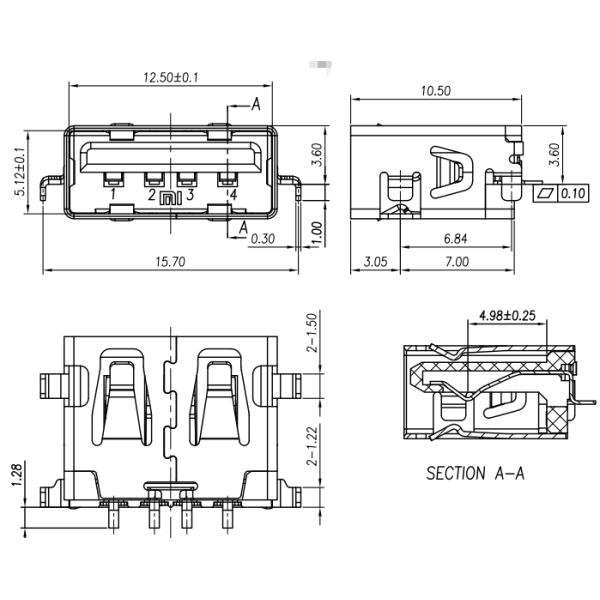 Offset Type DIP USB Connectors 3.6H L10.5mm LCP Housing 5000 Lifecycle