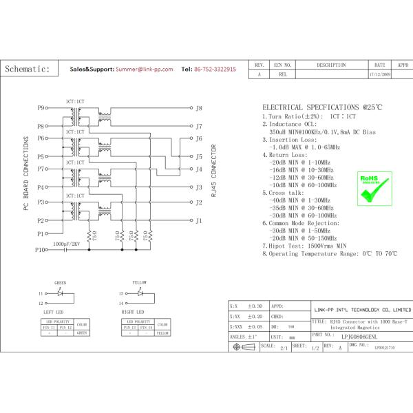 5-6605433-8 RJ45 Modular Jack Decouping Capacitor With Leds LPJG0806GENL