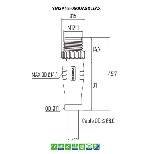 Male M12 A Coded Cable Sensor Actuator 8pin Connectors 5m PUR Unshielded