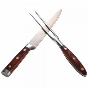 Quality BBQ tool 2PCS stainless steel 8inch kitchen knife and fork with PAKA wood forged handle wholesale