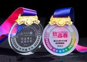 Quality Students Crystal Custom Sports Medals Sand Blasting Texts With Color Printing Ribbon wholesale