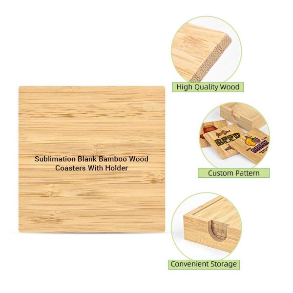 Square Shape Sublimation Bamboo Wooden Coaster Set With Holder Custom Wooden Tea Cup Mat Pad Bamboo Coaster