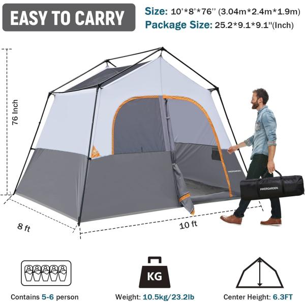 HIKERGARDEN 6 Person Camping Tent - Portable Easy Set Up Family Tent for Camp, Windproof Fabric Cabin Tent Outdoor
