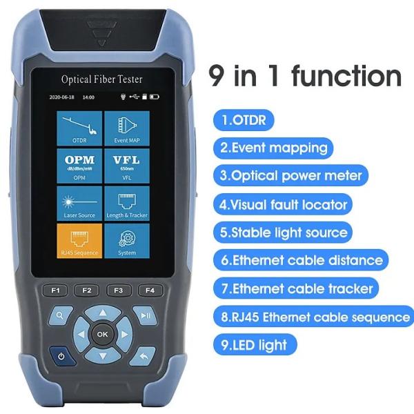 Cheap 1310/1550nm SM Test Range 5m-60Km Mini OTDR 9 in 1 Tester with APC UPC SC/FC/ST/LC Adapter for sale