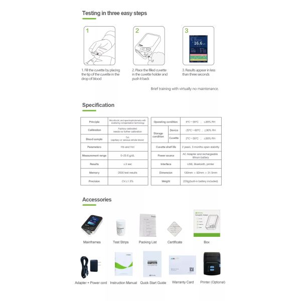 H7 high accuracy blood hemoglobin analyzer medical rapid POCT device for medical use