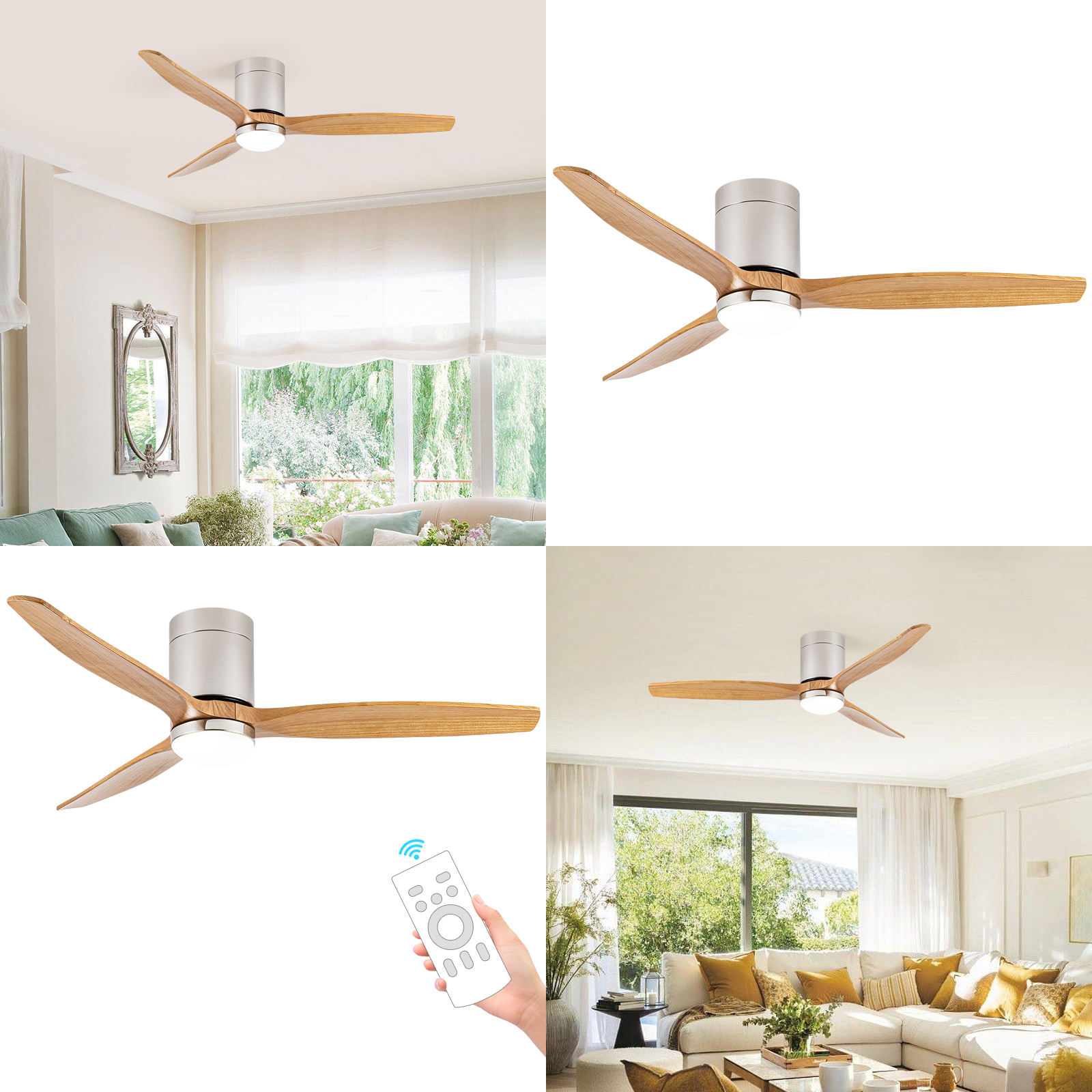 Manufacturer Smart Ceiling Fan Flush Mount Smart Remote Control 3 Wooden Blades Ceiling Fan