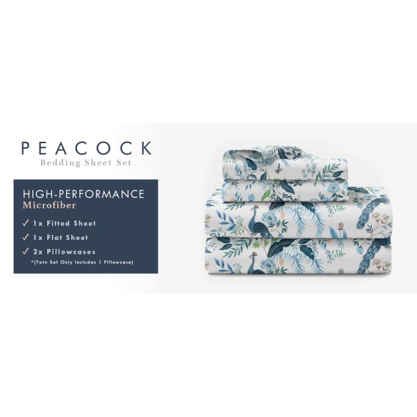 Super Soft Peacock Bed Sheets for Kids & Teens with Fitted Sheet, Flat Sheet & Pillowcase