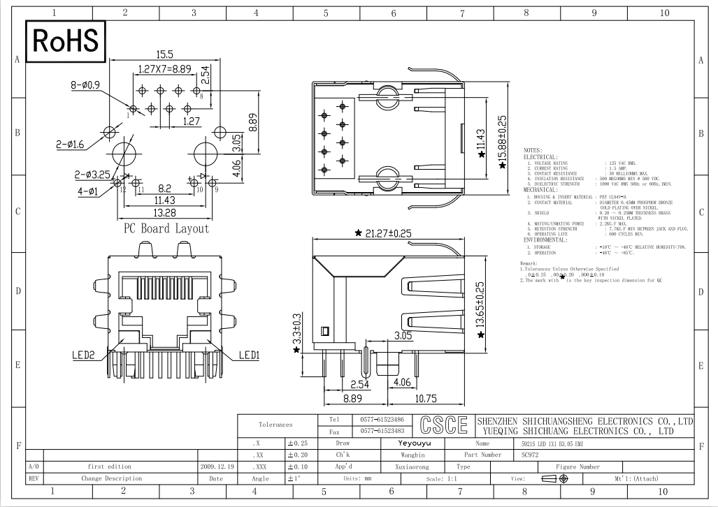 1.5A 125v Tab Down RJ45 Connector Transformer With Shielded Blue Single Port