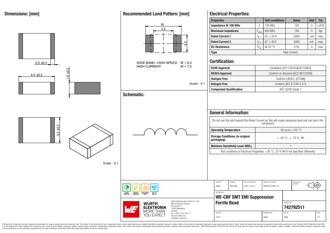 7427925111 Signal Line Ferrite Bead 20 Ohms @ 100 MHz 1 1812 (4532 Metric) 3A