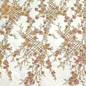 Quality 3D Beaded Sequined Embroidery Lace Fabric Gold Thread Sewing Pattern wholesale