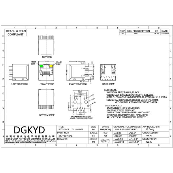 High Performance 180 Degree Top Entry RJ45 Jack With Transformer Cat 5