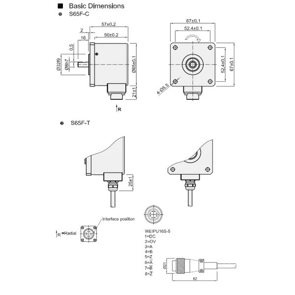 S65F Solid Shaft Encoder Shaft 8mm Flange Totem Pole 6 Phase Socket Outlet From Side