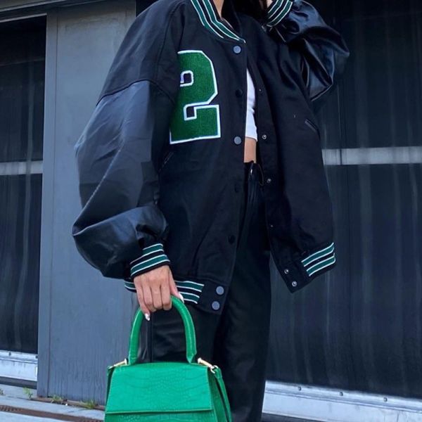 Women's 2021 autumn and winter new fashion design contrast color single breasted letters embroidered jackets